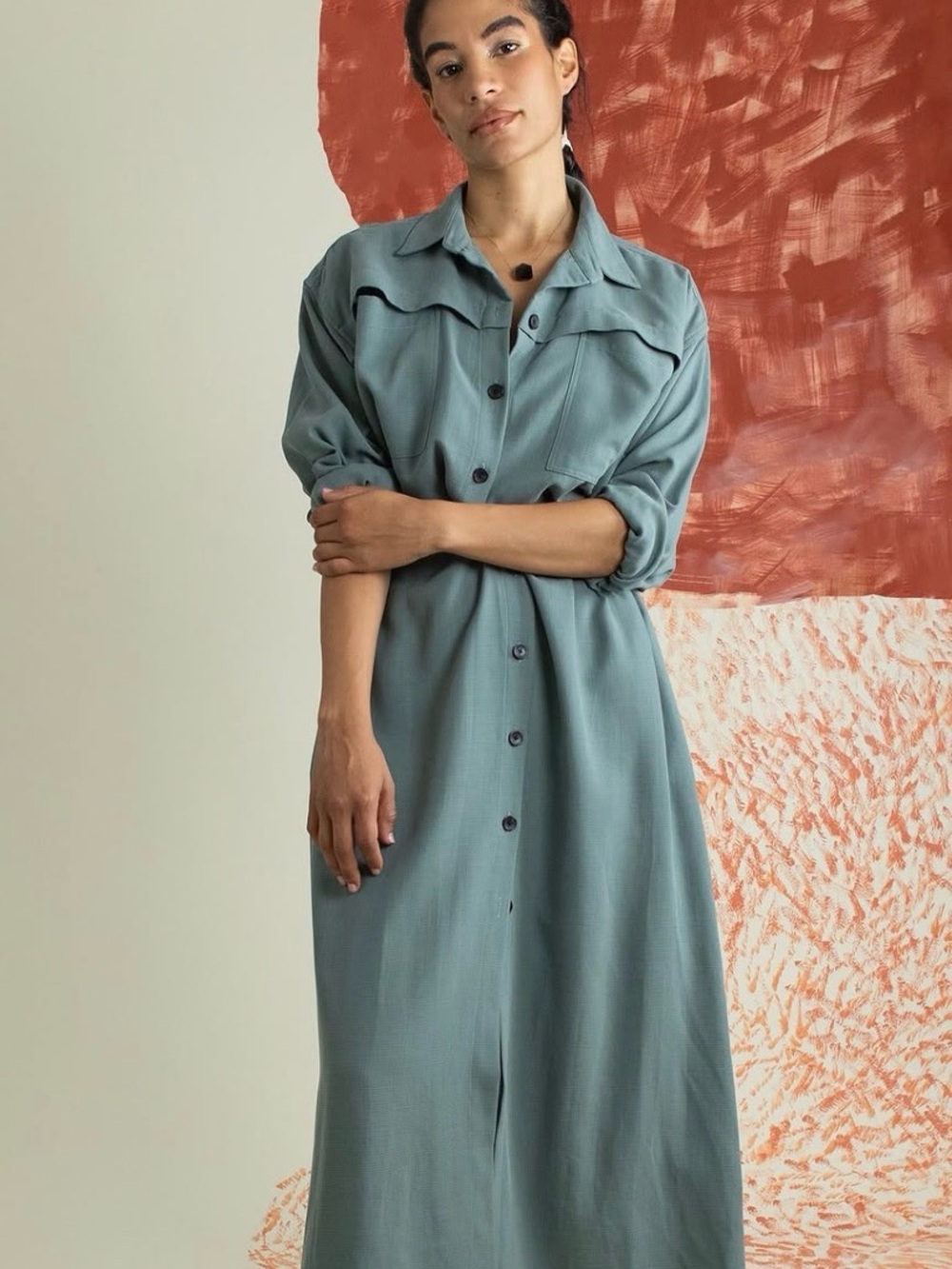 Meg Button-Front Dusty Teal Shirt Dress